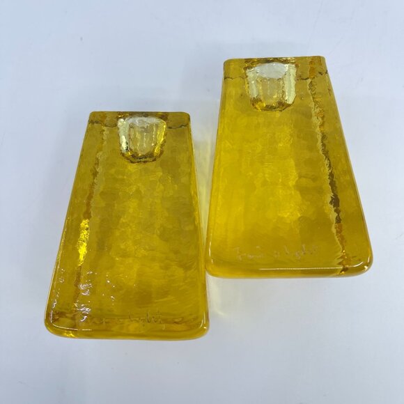 fire and light cast glass candle holders set of 2 citrus yellow signed - Picture 5 of 8